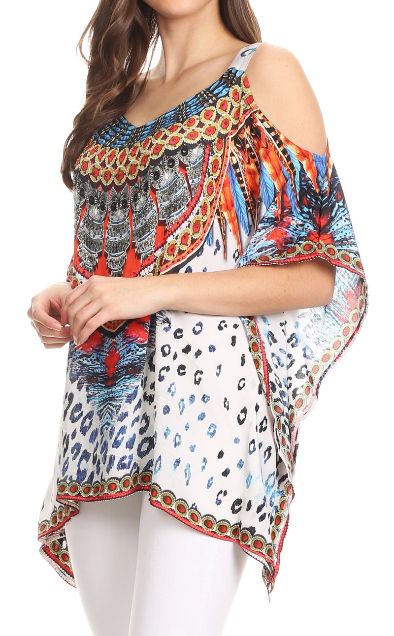 Sakkas Saanvi Printed Draped Short Sleeve Strap Cutout Shoulder V-Neck Kaftan Top