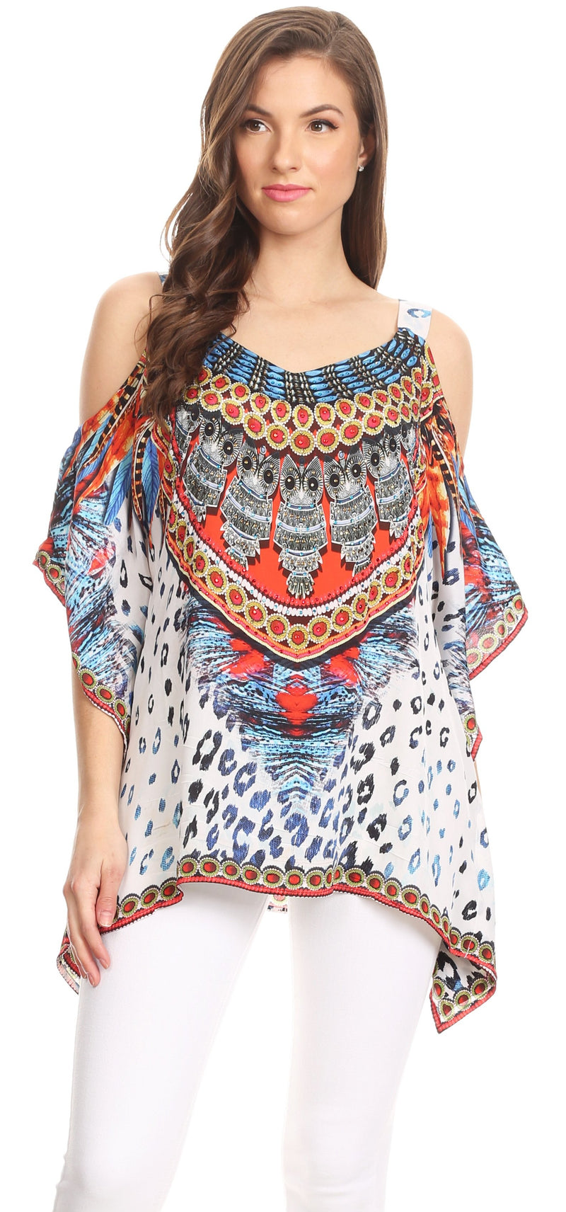 Sakkas Saanvi Printed Draped Short Sleeve Strap Cutout Shoulder V-Neck Kaftan Top