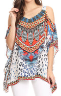 Sakkas Saanvi Printed Draped Short Sleeve Strap Cutout Shoulder V-Neck Kaftan Top#color_TRM109-Multi