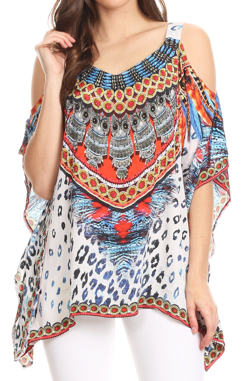 Sakkas Saanvi Printed Draped Short Sleeve Strap Cutout Shoulder V-Neck Kaftan Top