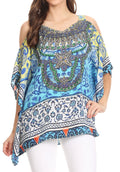 Sakkas Saanvi Printed Draped Short Sleeve Strap Cutout Shoulder V-Neck Kaftan Top#color_TT42-Turquoise