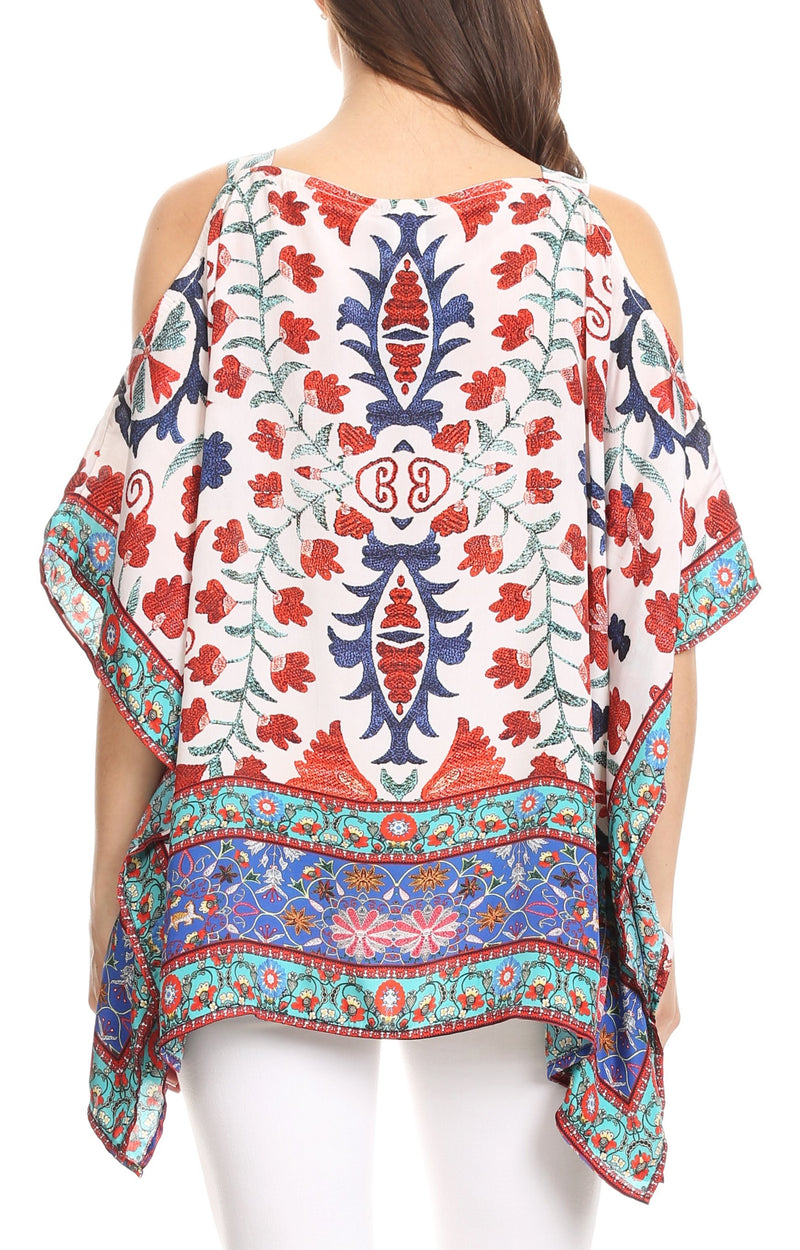 Sakkas Saanvi Printed Draped Short Sleeve Strap Cutout Shoulder V-Neck Kaftan Top