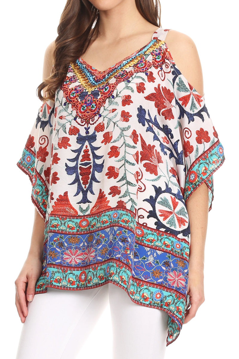 Sakkas Saanvi Printed Draped Short Sleeve Strap Cutout Shoulder V-Neck Kaftan Top