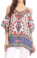 Sakkas Saanvi Printed Draped Short Sleeve Strap Cutout Shoulder V-Neck Kaftan Top#color_TW25-White