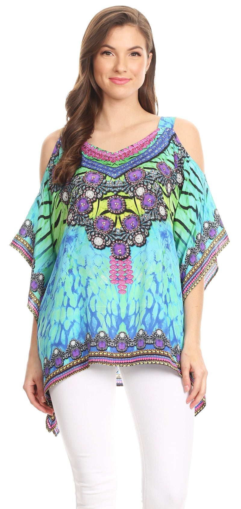 Sakkas Saanvi Printed Draped Short Sleeve Strap Cutout Shoulder V-Neck Kaftan Top