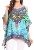 Sakkas Saanvi Printed Draped Short Sleeve Strap Cutout Shoulder V-Neck Kaftan Top#color_WT53-Turquoise