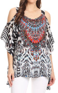 Sakkas Saanvi Printed Draped Short Sleeve Strap Cutout Shoulder V-Neck Kaftan Top#color_ZW11-White