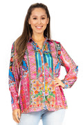 Sakkas Iriss Women's Long Sleeve Button Down Blouse Top Shirt Floral Boho Casual#color_572-Pink