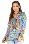 Sakkas Iriss Women's Long Sleeve Button Down Blouse Top Shirt Floral Boho Casual#color_571-Turquoise
