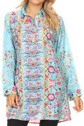 Sakkas Alberta Womens Long Blouse Tunic Shirt with 3/4 Sleeve and Embellishing#color_FLTU174-Turquoise