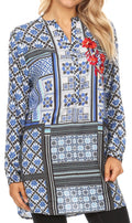 Sakkas Manu Womens Long Sleeve Mandarin Collar Blouse Top Light with Rhinestone#color_FOW178-White