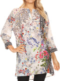 Sakkas Antona Womens SIlky 3/4 Sleeve Blouse Top  with Embellishing Relax Fit#color_FLW180-White