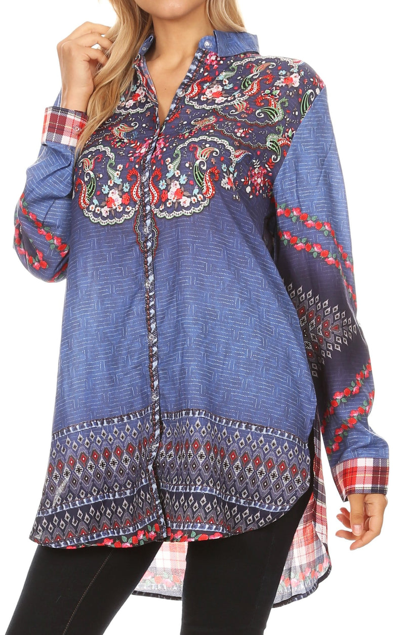 Sakkas Cila Womens Button Down Long Sleeve Silky Shirt Top Colorful and Light