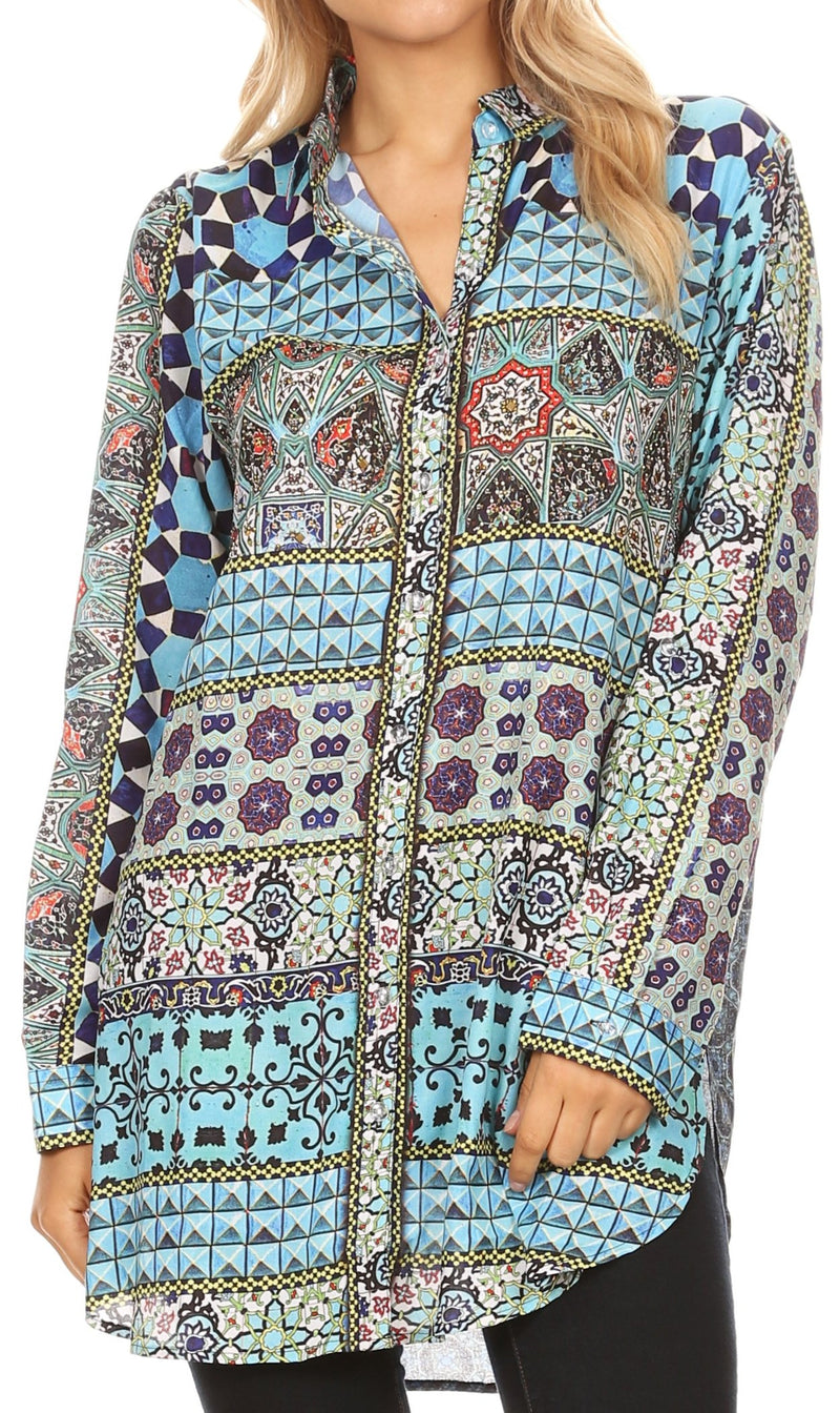 Sakkas Cila Womens Button Down Long Sleeve Silky Shirt Top Colorful and Light