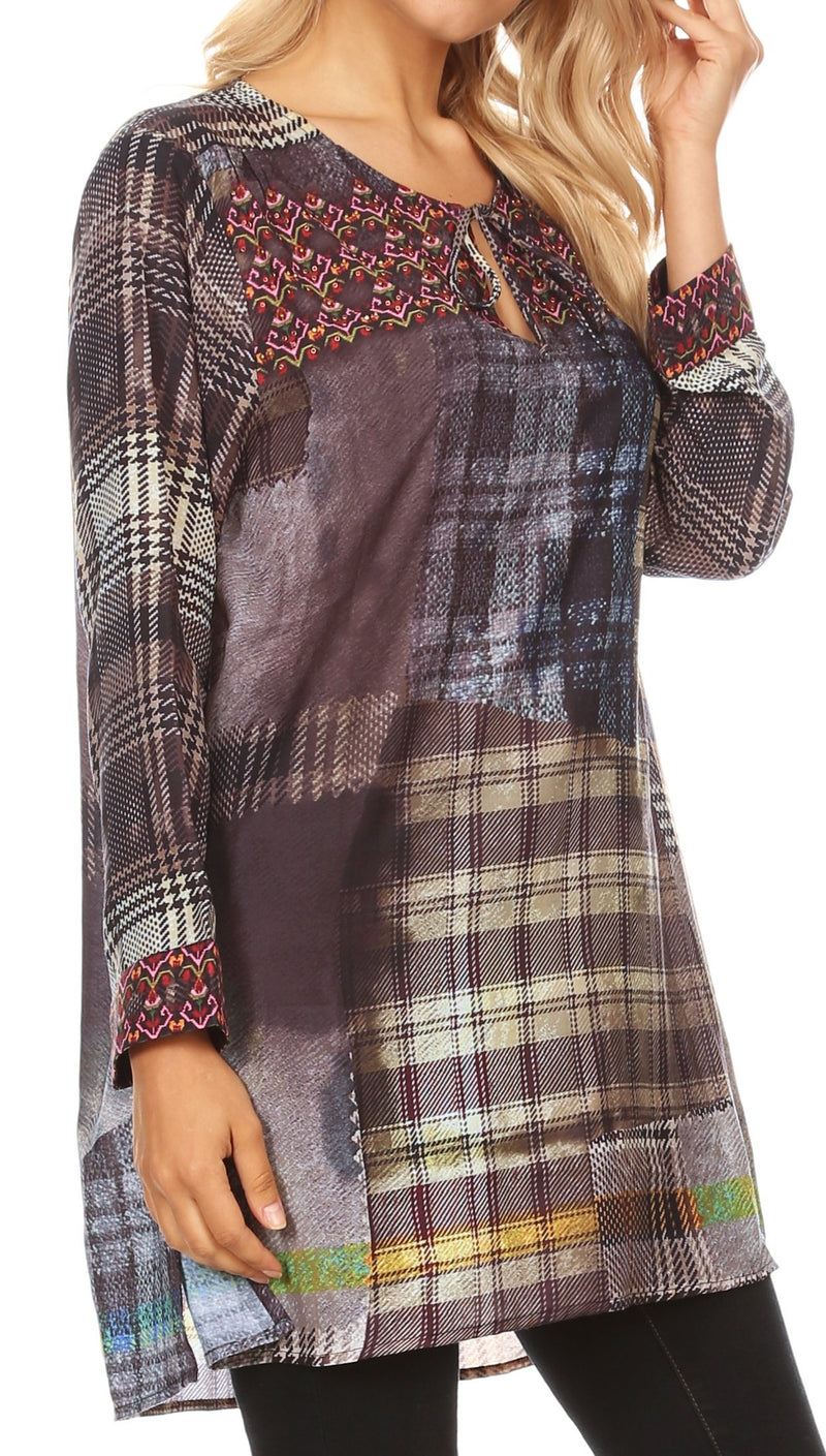 Sakkas Ida Womens Peasant Boho Tunic Blouse Top with Long Sleeves & Embellishing