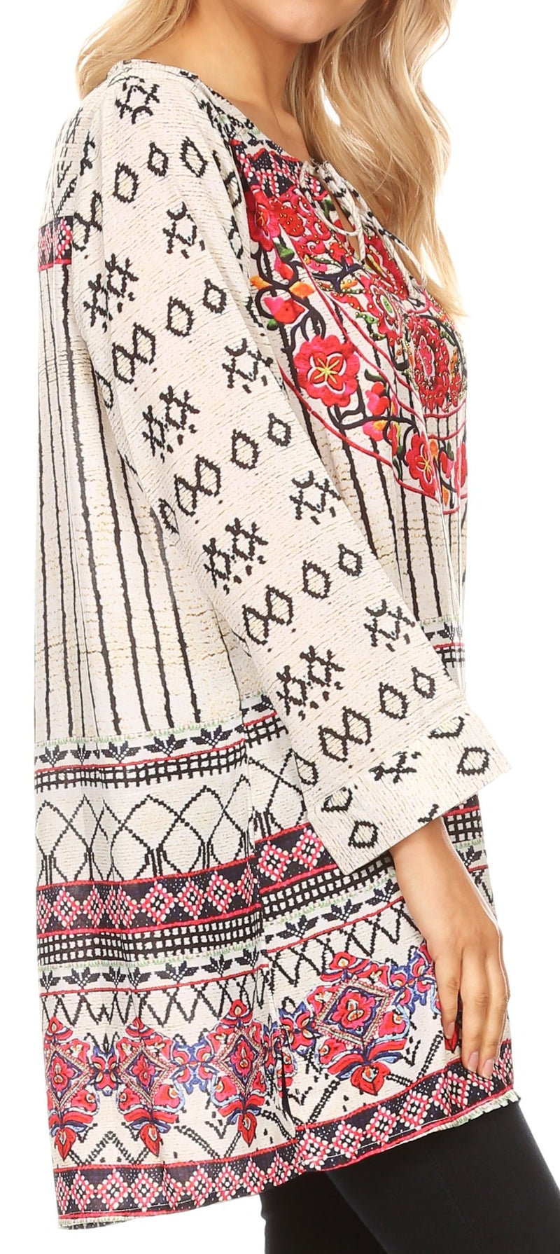 Sakkas Ida Womens Peasant Boho Tunic Blouse Top with Long Sleeves & Embellishing