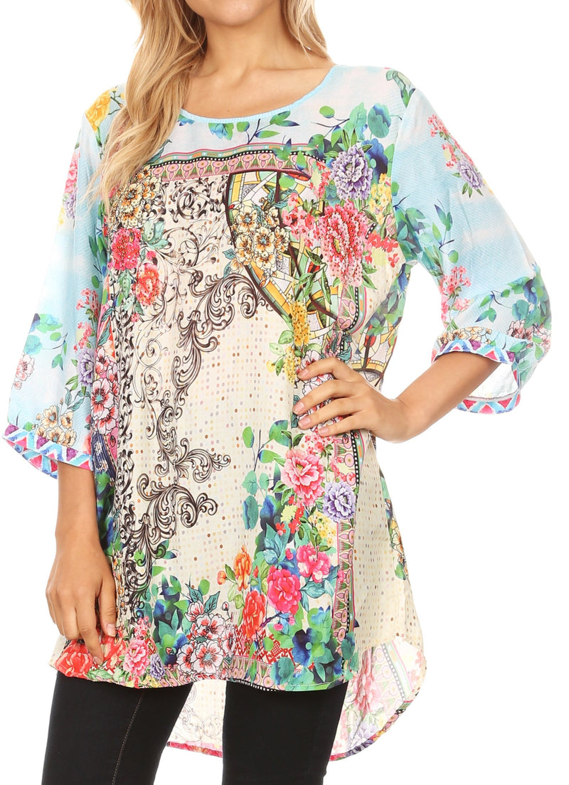 Sakkas Ilari Womens Short Sleeve Everyday Blouse Top with Embellishing Relax Fit