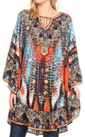 Sakkas Delu Women's Loose V Neck Blouses Top Tunic with Ruffles And Rhinestone#color_AM107-Multi