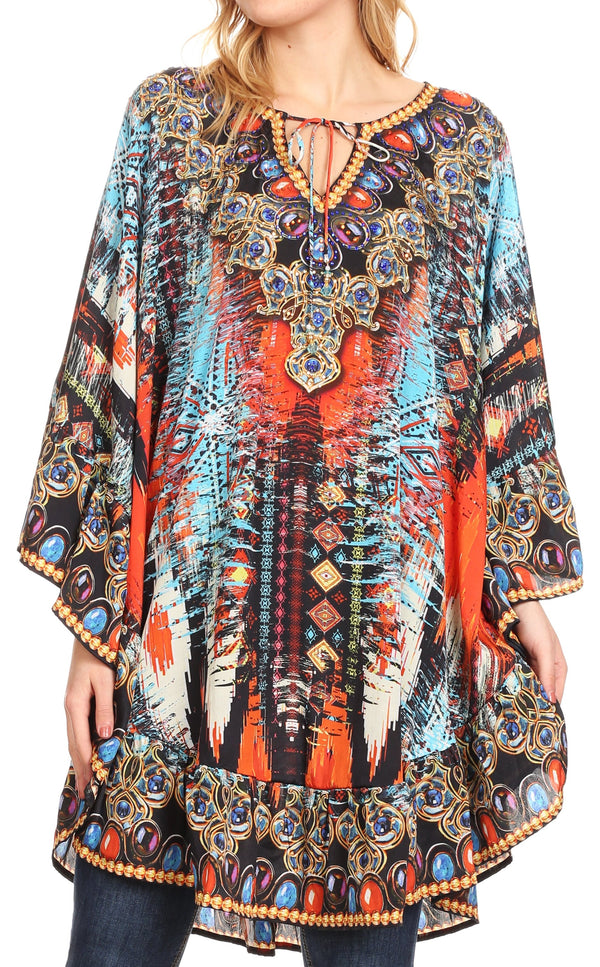 Sakkas Delu Women's Loose V Neck Blouses Top Tunic with Ruffles And Rhinestone#color_AM107-Multi 