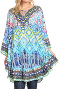 Sakkas Delu Women's Loose V Neck Blouses Top Tunic with Ruffles And Rhinestone#color_MT54-Turquoise