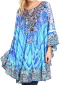 Sakkas Delu Women's Loose V Neck Blouses Top Tunic with Ruffles And Rhinestone#color_ORT68-Turquoise