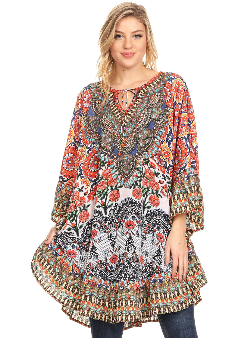 Sakkas Delu Women's Loose V Neck Blouses Top Tunic with Ruffles And Rhinestone