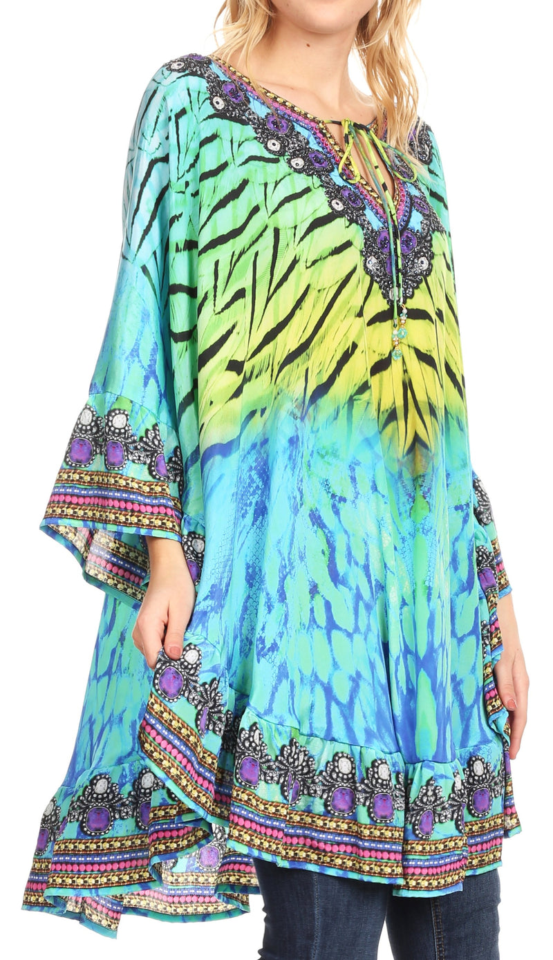 Sakkas Delu Women's Loose V Neck Blouses Top Tunic with Ruffles And Rhinestone