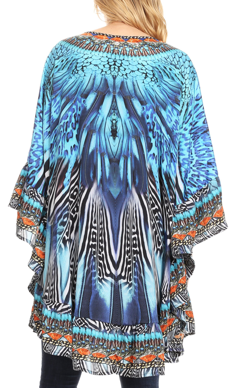 Sakkas Delu Women's Loose V Neck Blouses Top Tunic with Ruffles And Rhinestone