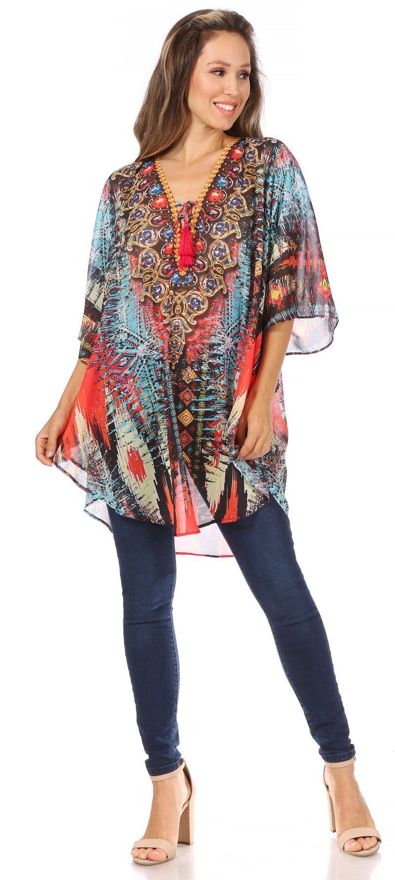 Sakkas Sloane Women's Printed V Neck Loose Fit Casual Circle Top Blouse with Ties