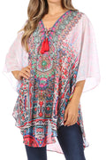 Sakkas Sloane Women's Printed V Neck Loose Fit Casual Circle Top Blouse with Ties#color_FOW210-White