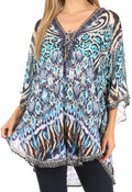 Sakkas Sloane Women's Printed V Neck Loose Fit Casual Circle Top Blouse with Ties#color_IT44-Turquoise