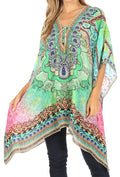 Sakkas Aymee Women's Caftan Poncho Cover up V neck Top Lace up With Rhinestone#color_WM202-Multi