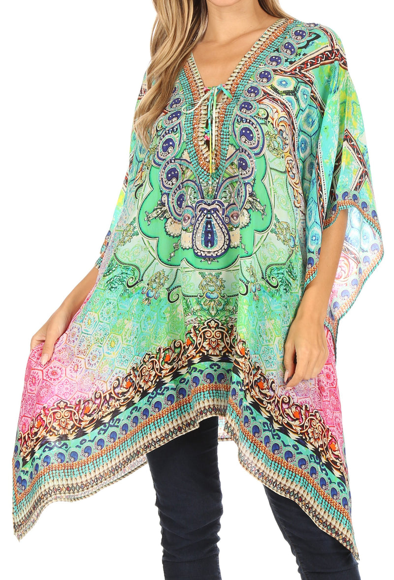 Sakkas Aymee Women's Caftan Poncho Cover up V neck Top Lace up With Rhinestone