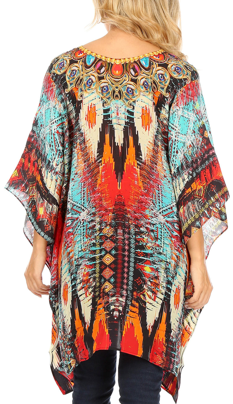 Sakkas Aymee Women's Caftan Poncho Cover up V neck Top Lace up With Rhinestone