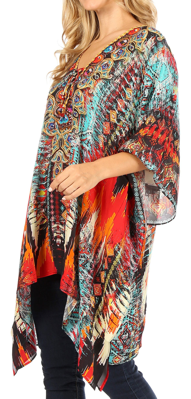 Sakkas Aymee Women's Caftan Poncho Cover up V neck Top Lace up With Rhinestone