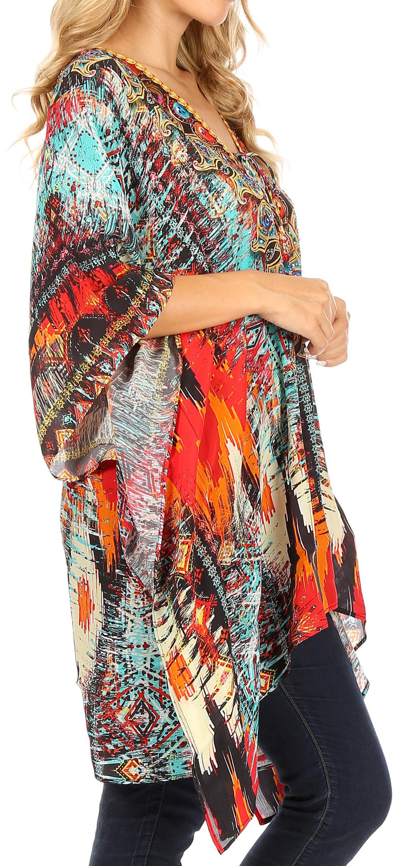 Sakkas Aymee Women's Caftan Poncho Cover up V neck Top Lace up With Rhinestone