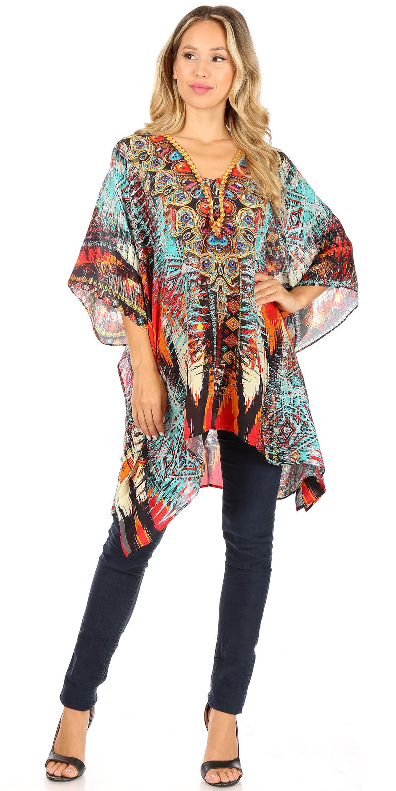 Sakkas Aymee Women's Caftan Poncho Cover up V neck Top Lace up With Rhinestone