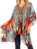 Sakkas Aymee Women's Caftan Poncho Cover up V neck Top Lace up With Rhinestone#color_AM107-Multi 