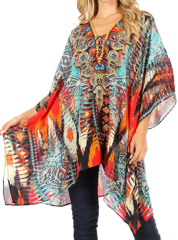 Sakkas Aymee Women's Caftan Poncho Cover up V neck Top Lace up With Rhinestone#color_AM107-Multi