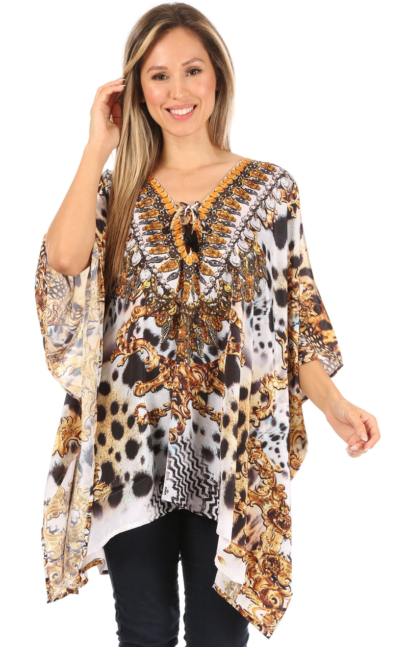 Sakkas Aymee Women's Caftan Poncho Cover up V neck Top Lace up With Rhinestone