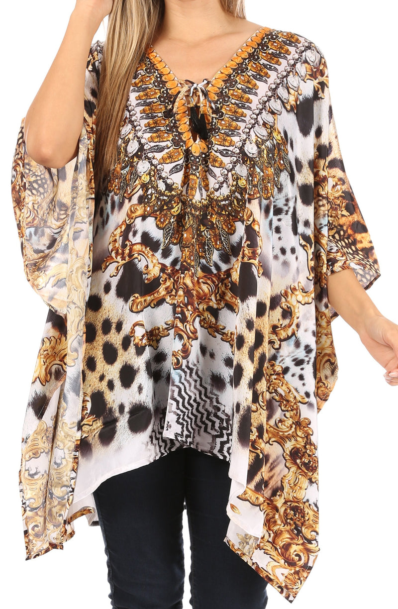 Sakkas Aymee Women's Caftan Poncho Cover up V neck Top Lace up With Rhinestone