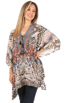 Sakkas Aymee Women's Caftan Poncho Cover up V neck Top Lace up With Rhinestone