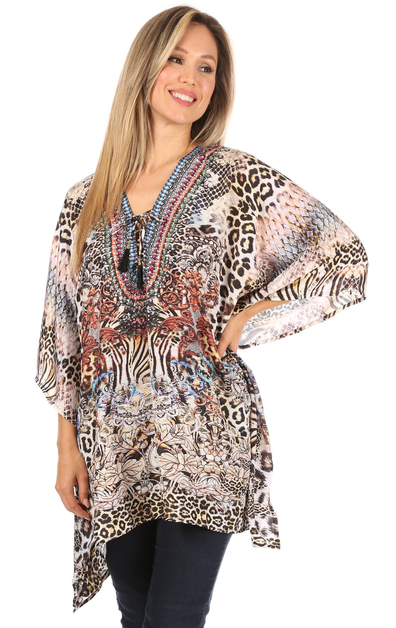 Sakkas Aymee Women's Caftan Poncho Cover up V neck Top Lace up With Rhinestone