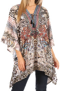 Sakkas Aymee Women's Caftan Poncho Cover up V neck Top Lace up With Rhinestone#color_CTW261-White