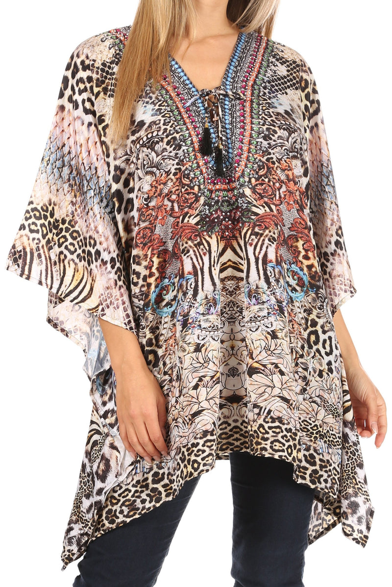 Sakkas Aymee Women's Caftan Poncho Cover up V neck Top Lace up With Rhinestone