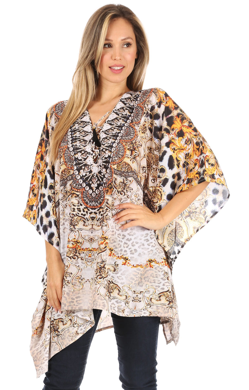 Sakkas Aymee Women's Caftan Poncho Cover up V neck Top Lace up With Rhinestone