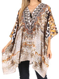 Sakkas Aymee Women's Caftan Poncho Cover up V neck Top Lace up With Rhinestone#color_CTW305-White