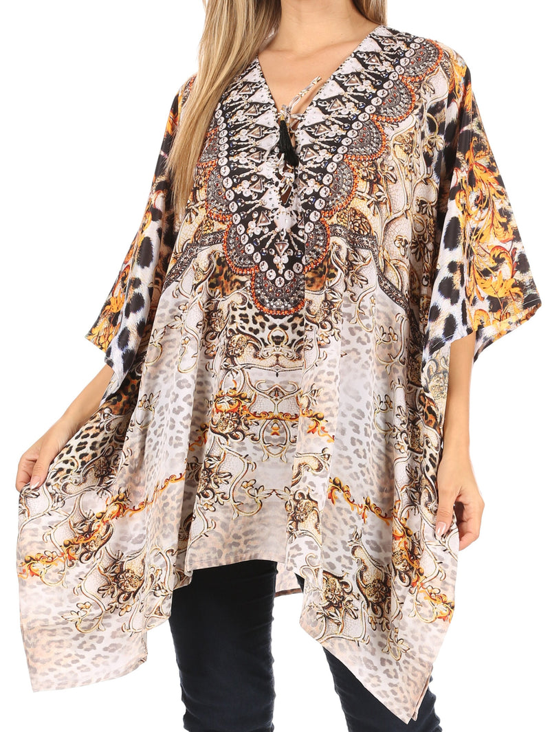 Sakkas Aymee Women's Caftan Poncho Cover up V neck Top Lace up With Rhinestone