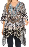 Sakkas Aymee Women's Caftan Poncho Cover up V neck Top Lace up With Rhinestone#color_EBK316-Black