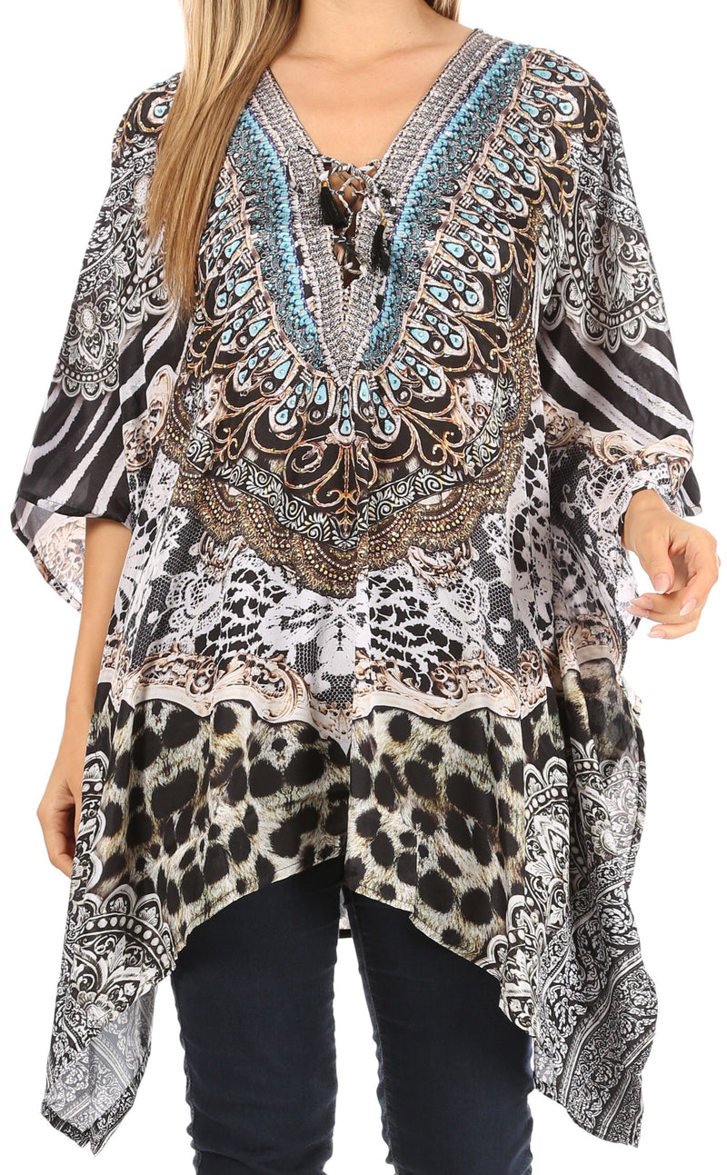 Sakkas Aymee Women's Caftan Poncho Cover up V neck Top Lace up With Rhinestone